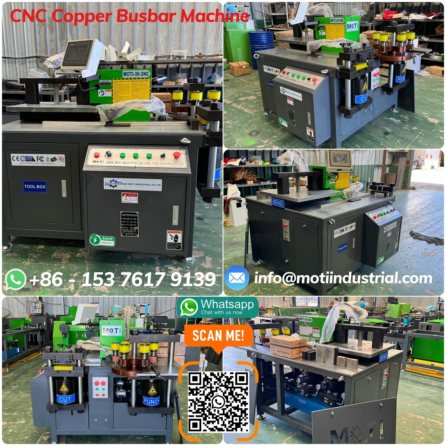 The main picture of CNC busbar bending machine MOTI-30-3NC in different positions before shipment to Pakistan