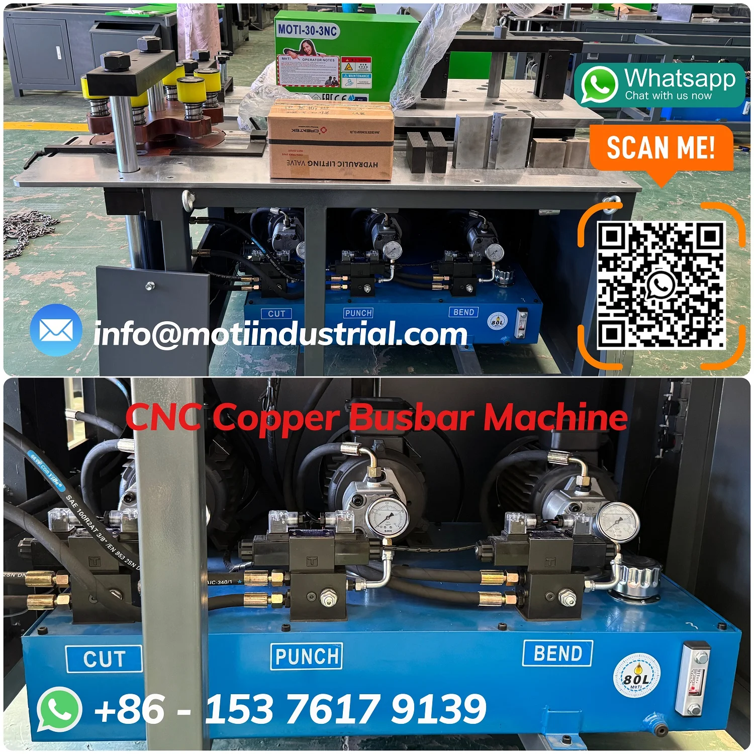 The three motors and three hydraulic pumps as the engine system for the CNC busbar processing machine MOTI-30-3NC before shipped to Pakistan