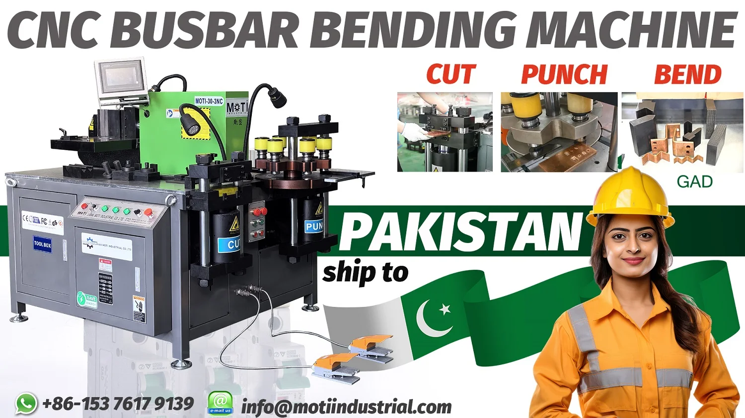 Marketing pictures of CNC busbar processing machine MOTI-30-3NC shipped to Pakistan, focusing on punching, shearing and bending functions