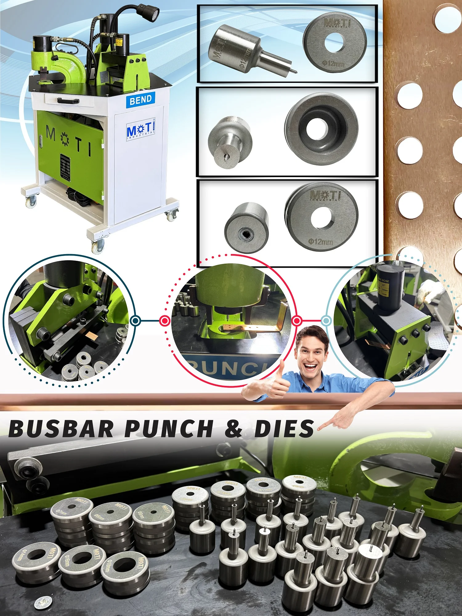 Features and details of busbar punch and dies adapted for portable busbar machines