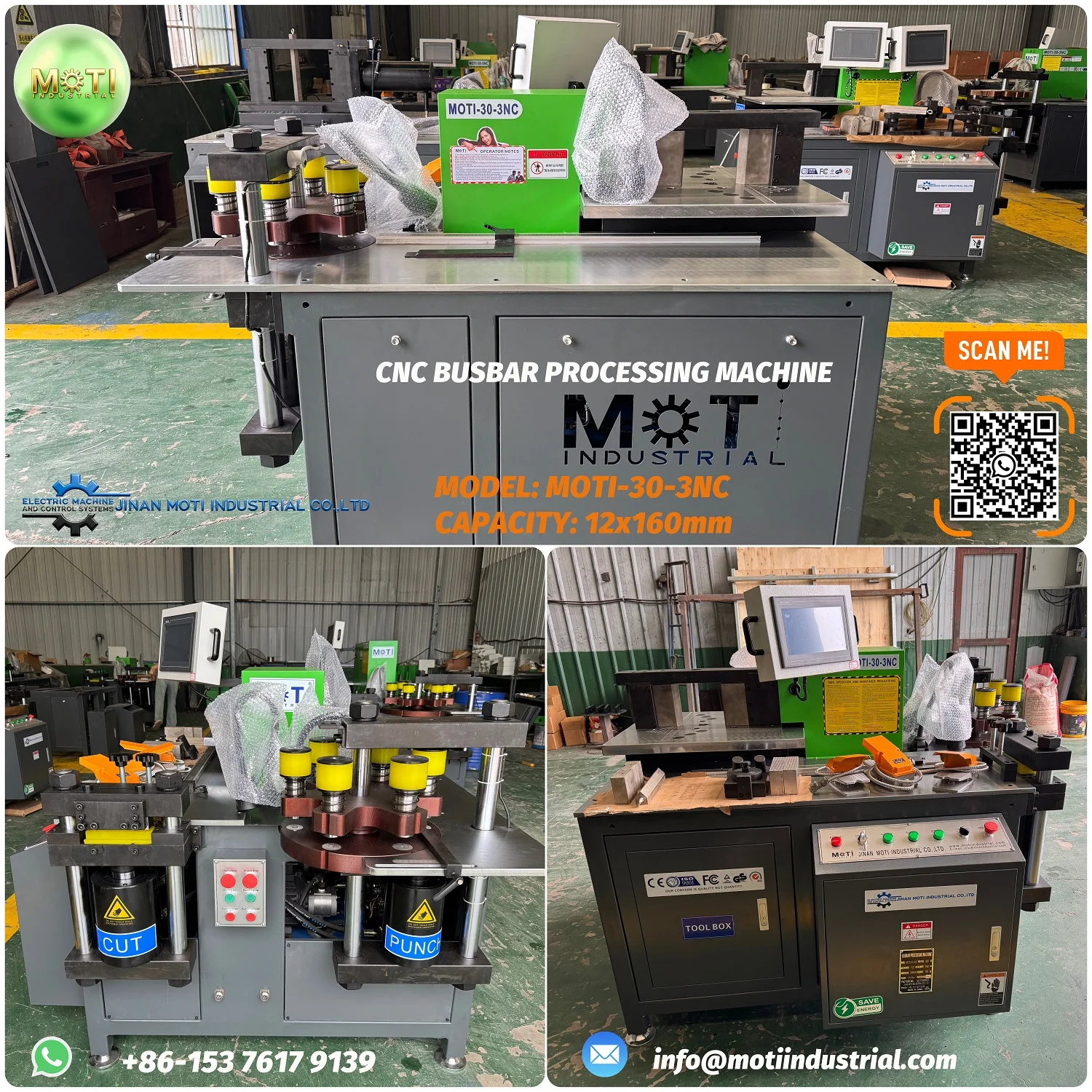 Three-sided group photo of the 12x160mm CNC Busbar Cutting Punching Bending Machine MOTI-30-3NC before shipment to Vietnam